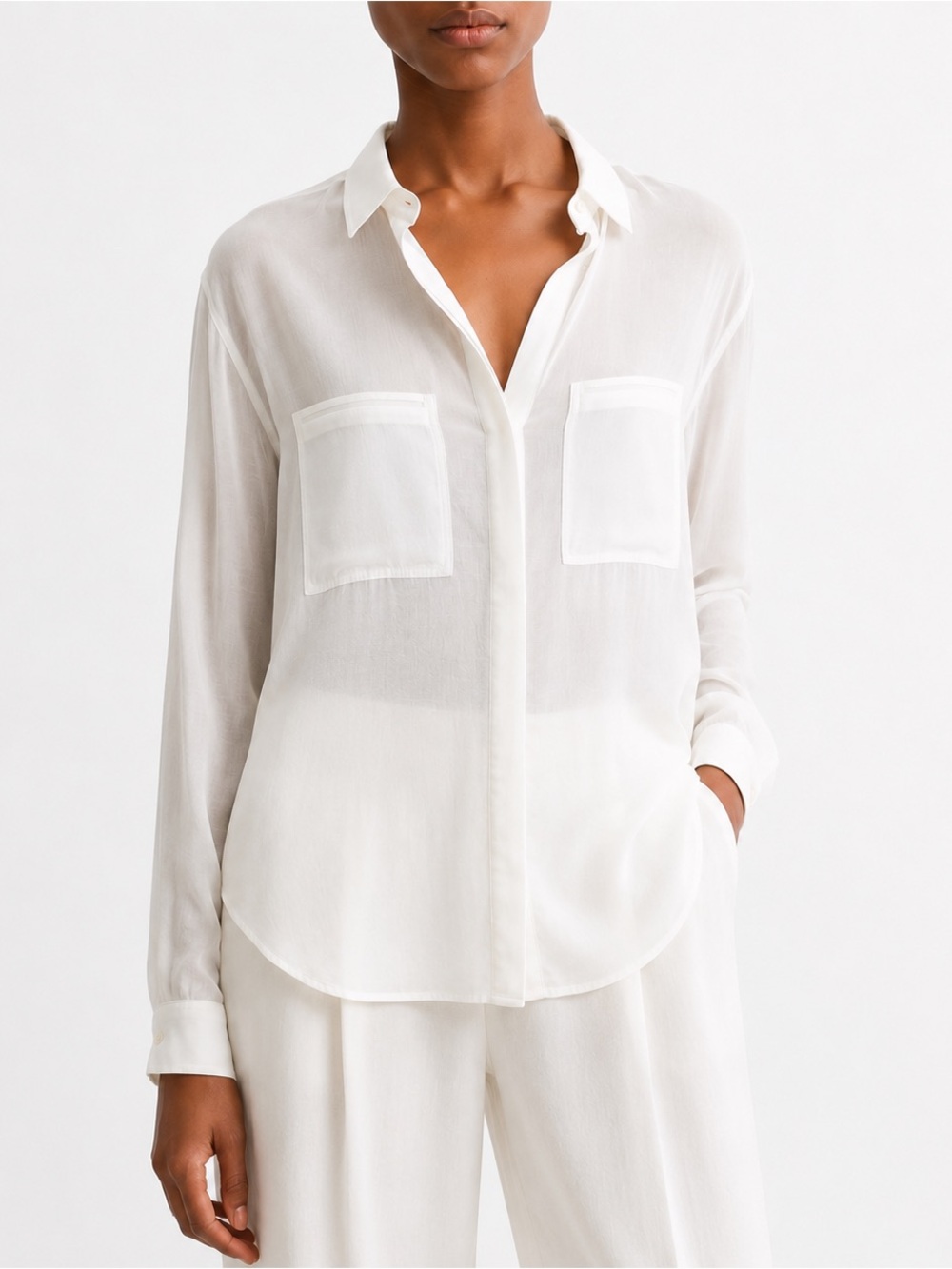 Vince White Sheer Two-Pocket Hidden Placket Button Down Blouse XS